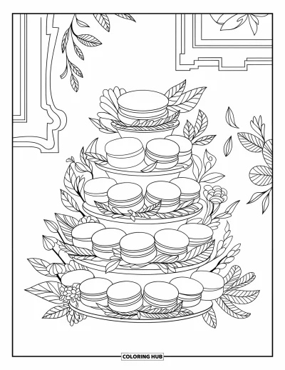 Desenho de doces e sobremesas para colorir para adultos: Uma torre de macarons com suaves redemoinhos de folhas está diante de um cenário aconchegante