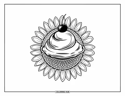 Desenho de doces e sobremesas para colorir para adultos: Uma bola de sorvete está no centro de uma mandala com fileiras de girassóis