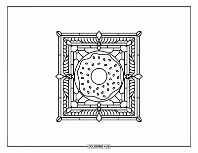 Desenho de doces e sobremesas para colorir para adultos: Um donut está dentro de uma bela moldura simétrica de vitral