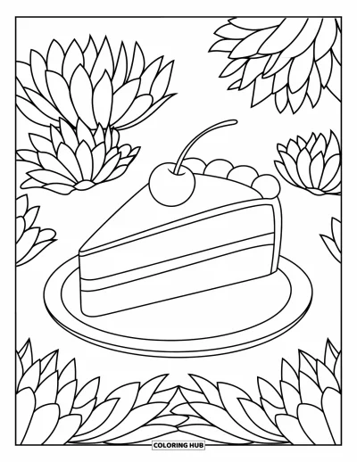 Desenho de doces e sobremesas para colorir para adultos: Uma fatia de bolo com cereja está entre flores de lótus e padrões de folhas