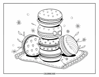 Desenho de doces e sobremesas para colorir para adultos: Uma pilha de macarons estampados repousa em um guardanapo rendado com florezinhas