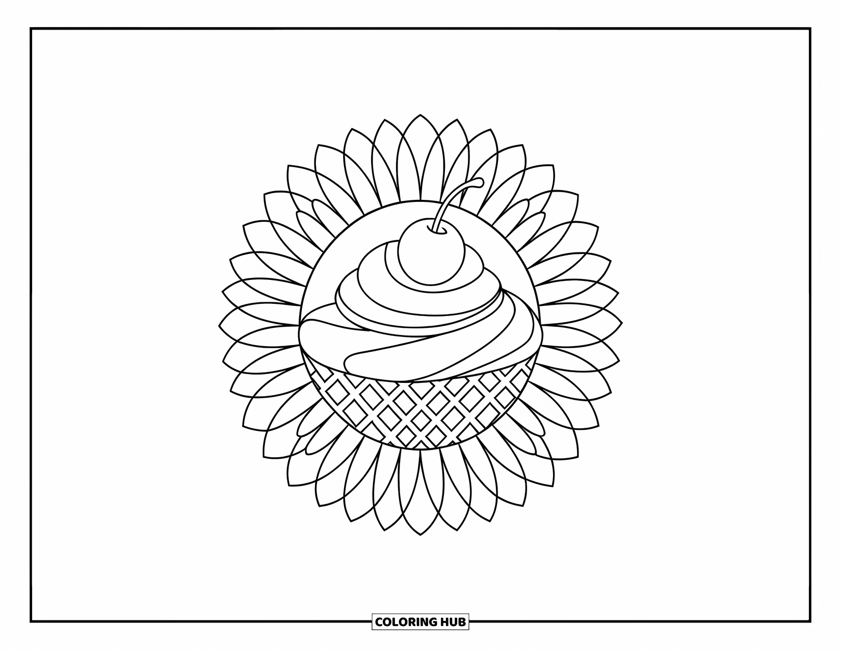 Sweet Treats Coloring Page for Adults: A sweet ice cream scoop with a cherry is framed by a sunflower mandala