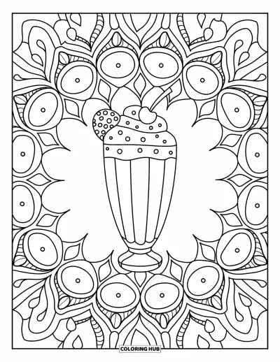 Desenho de doces e sobremesas para colorir para adultos: Um milk-shake em redemoinho é emoldurado por cipós radiais e designs de mandala floral