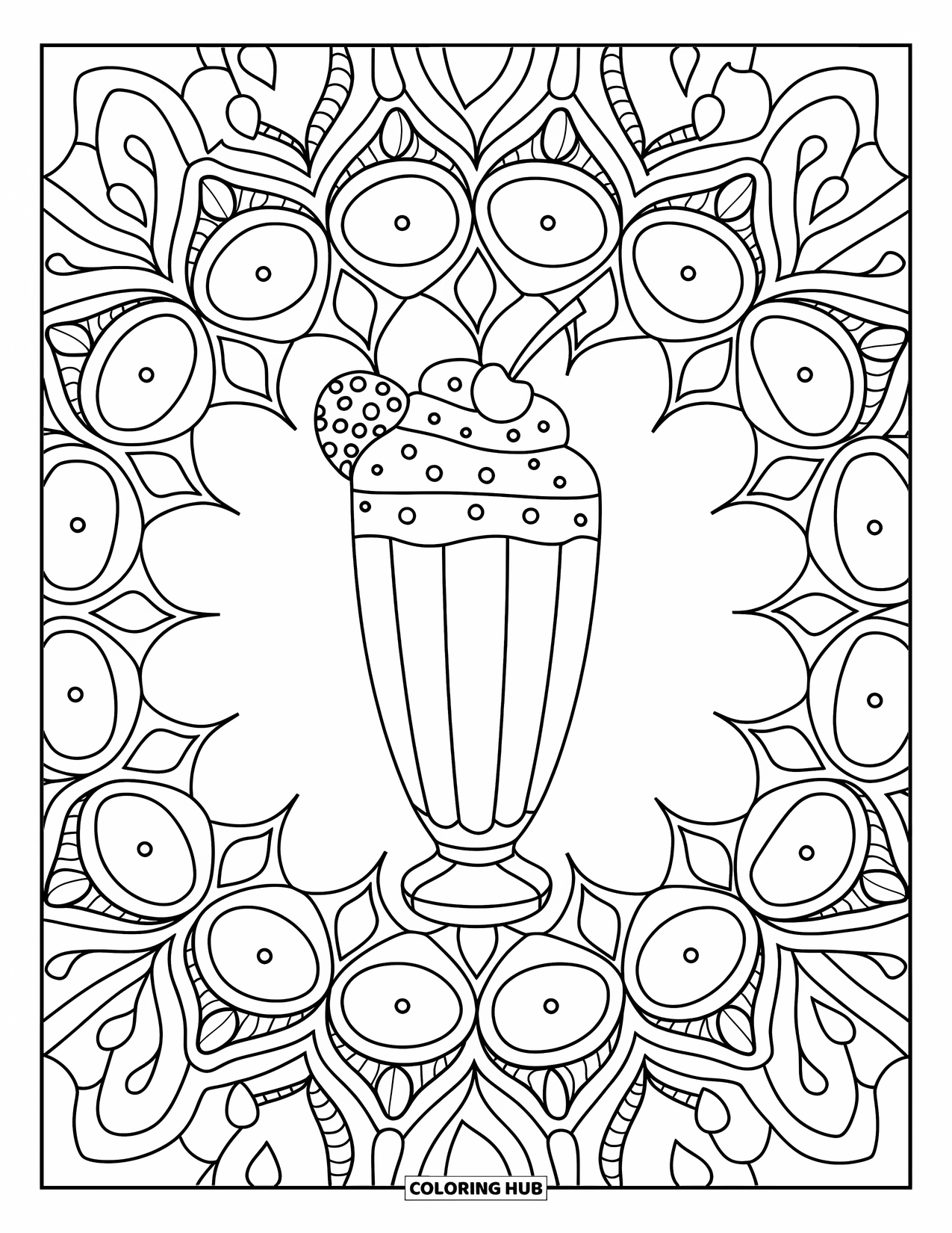 Sweet Treats Coloring Page for Adults: A swirling milkshake is framed by radial vines and floral mandala designs
