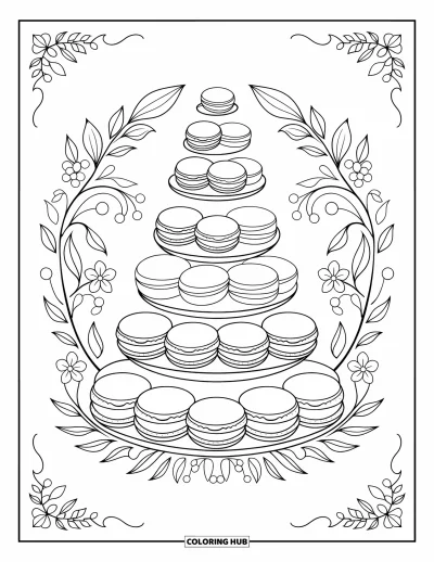Desenho de doces e sobremesas para colorir para adultos: Uma torre de macarons é envolta em redemoinhos de folhas com uma moldura decorativa