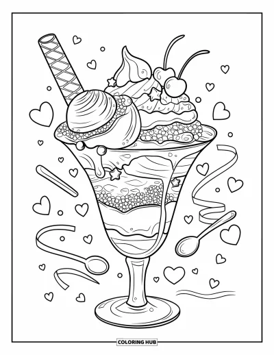 Desenho de doces e sobremesas para colorir para adultos: Um sundae imponente goteja com caldas, decorado com estrelas, fitas e uma cereja