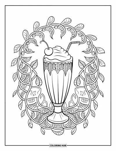 Desenho de doces e sobremesas para colorir para adultos: Um milk-shake brilha no centro de mandalas de cipós e flores em espiral
