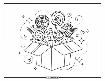 Desenho de doces e sobremesas para colorir para adultos: Bastões de bala e pirulitos espirais emergem de uma caixa de presente cheia de detalhes doces