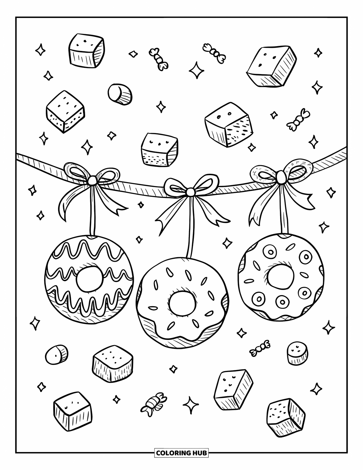 Sweet Treats Coloring Page for Adults: Cute donuts with bows hang from a ribbon garland with sugar cubes and sparkles