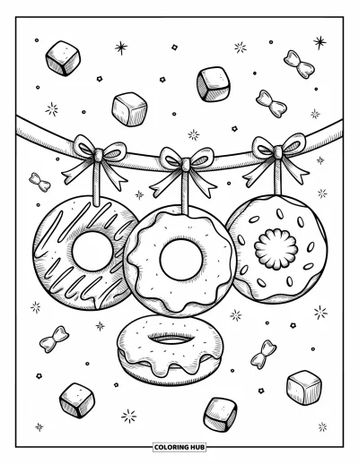 Desenho de doces e sobremesas para colorir para adultos: Donuts com corações e ziguezagues pendurados em fitas entre balas e brilhos