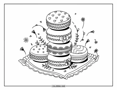 Desenho de doces e sobremesas para colorir para adultos: Cinco macarons com padrões fofos estão em um guardanapo rodeado de balas e flores