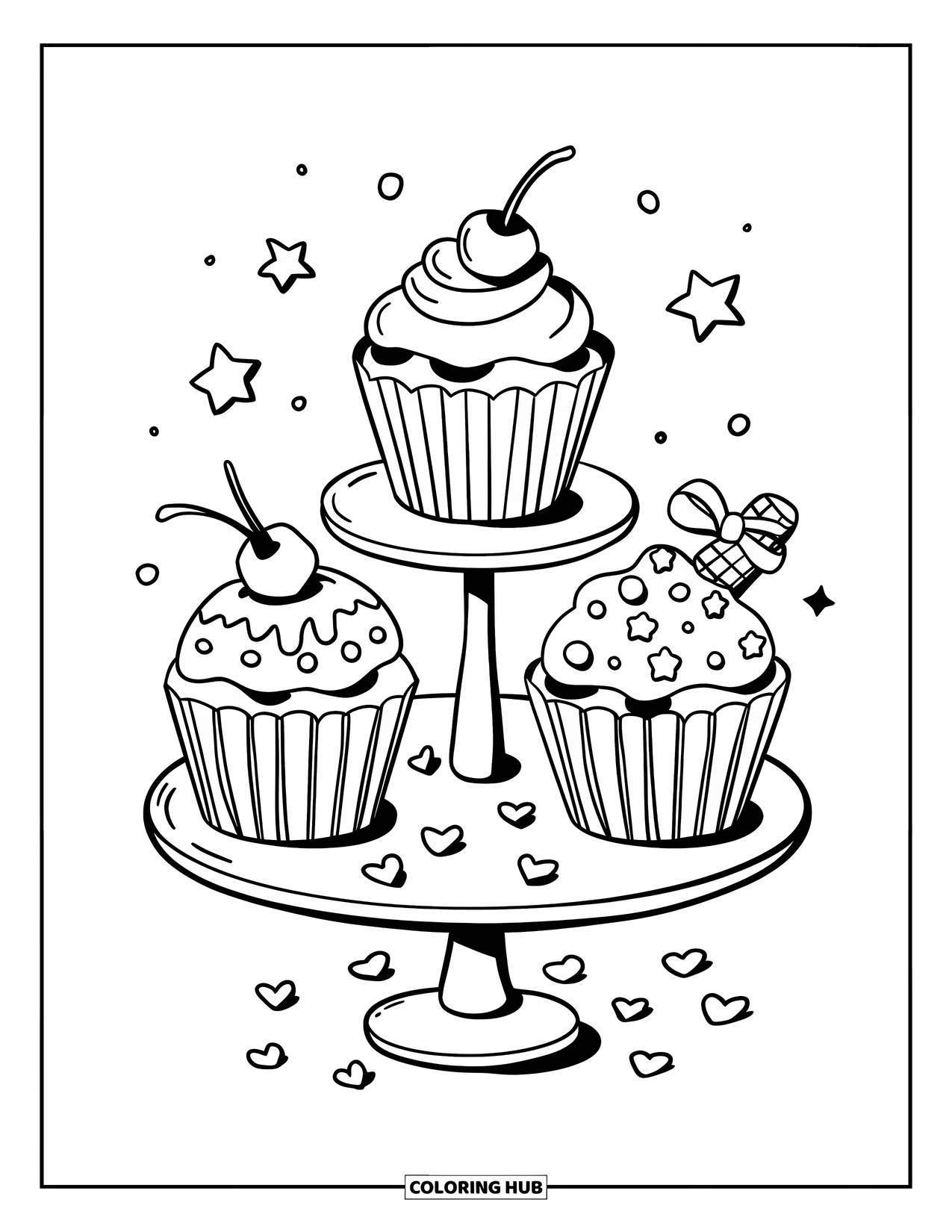 Sweet Treats Coloring Page for Adults: Frosted cupcakes with unique wrappers sit on a stand surrounded by stars and hearts