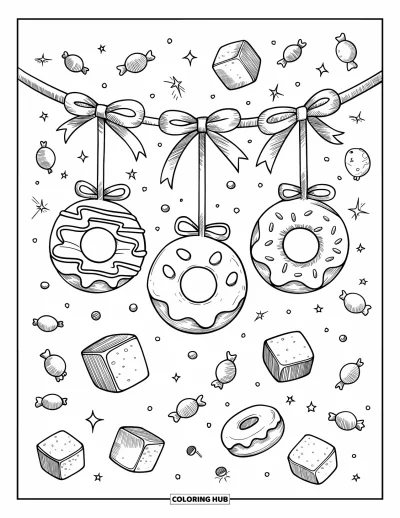 Desenho de doces e sobremesas para colorir para adultos: Donuts pendurados com designs divertidos flutuam entre brilhos e cubinhos de açúcar