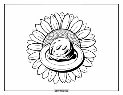 Desenho de doces e sobremesas para colorir para adultos: Um sorvete em um prato brilha no centro de uma mandala de pétalas de girassol