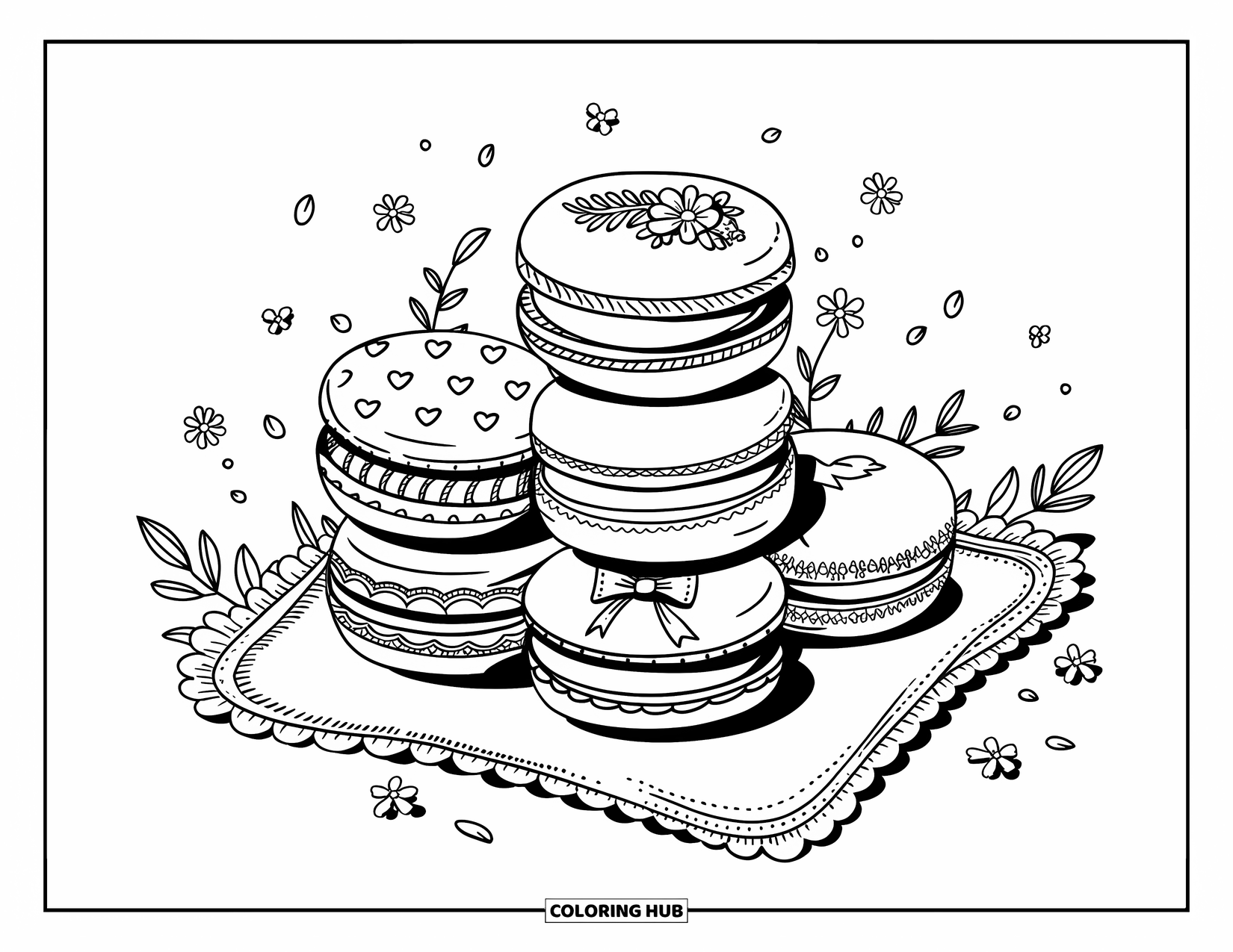 Sweet Treats Coloring Page for Adults: Macarons with bows, hearts, and dots sit on a napkin with flowers and candy