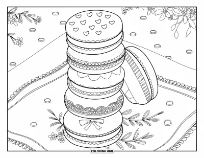 Desenho de doces e sobremesas para colorir para adultos: Macarons estampados estão organizados em um guardanapo, cercados de flores e balinhas flutuantes