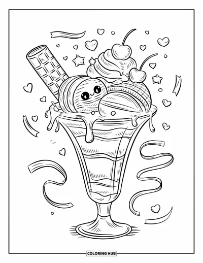 Desenho de doces e sobremesas para colorir para adultos: Bolas de sorvete e chantilly enchem um copo alto de sundae com corações de açúcar