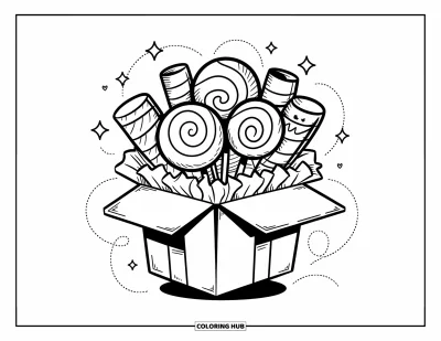 Desenho de doces e sobremesas para colorir para adultos: Pirulitos em espiral e bastões de bala florescem de uma caixa de presente com fitas