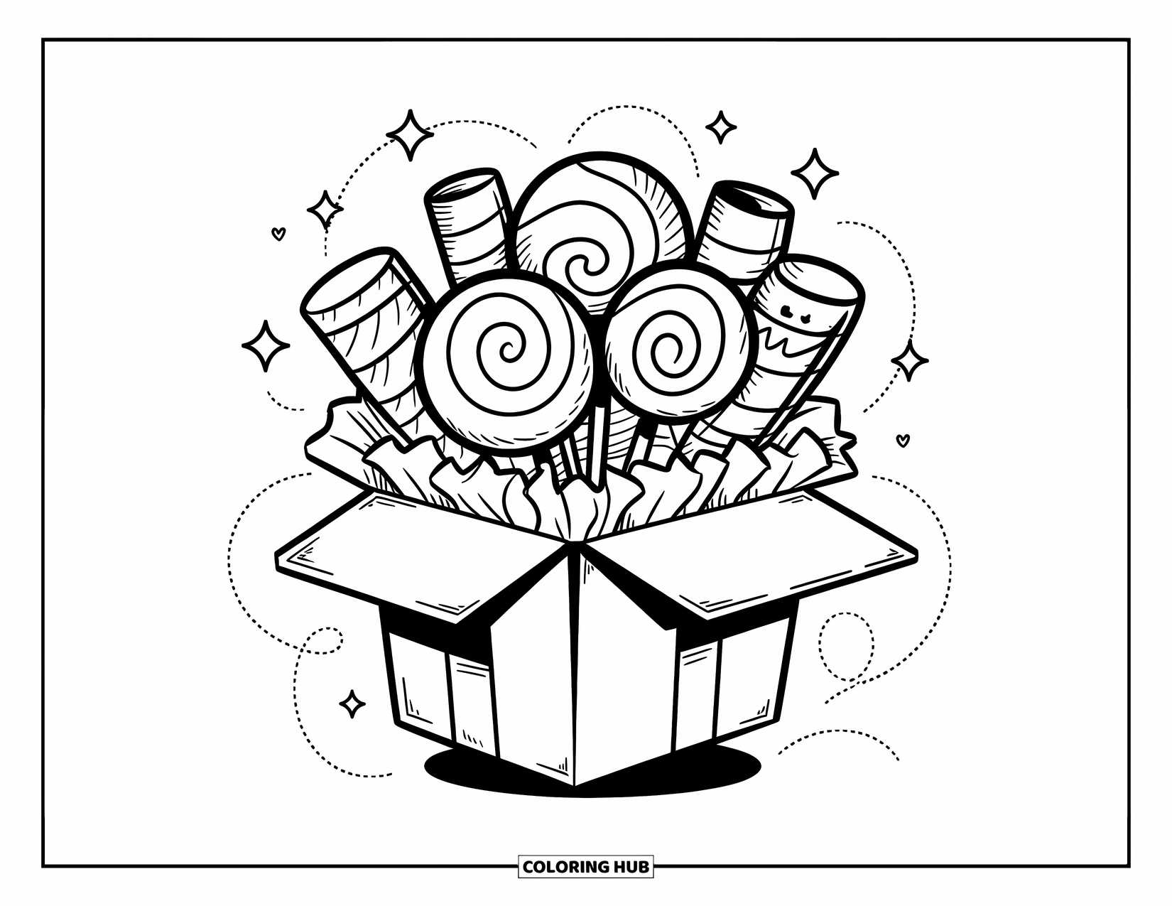 Sweet Treats Coloring Page for Adults: Spiral lollipops and candy sticks bloom from a gift box wrapped in ribbons