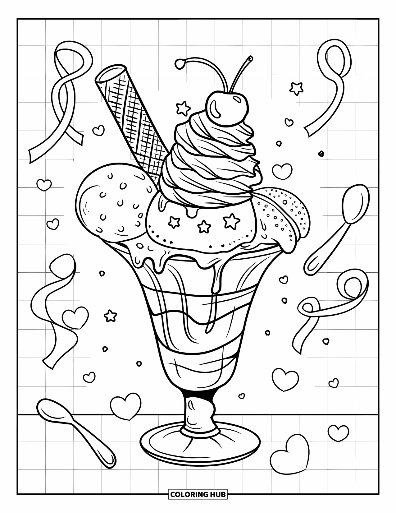 Sweet Treats Coloring Page for Adults: Whipped cream, star candy, and wafers top a sundae surrounded by sweet little details