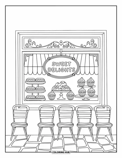 Desenho de doces e sobremesas para colorir para crianças: Uma vitrine de padaria com letreiro "Sweet Delights" mostra cadeiras e um caminho de pedras do lado de fora