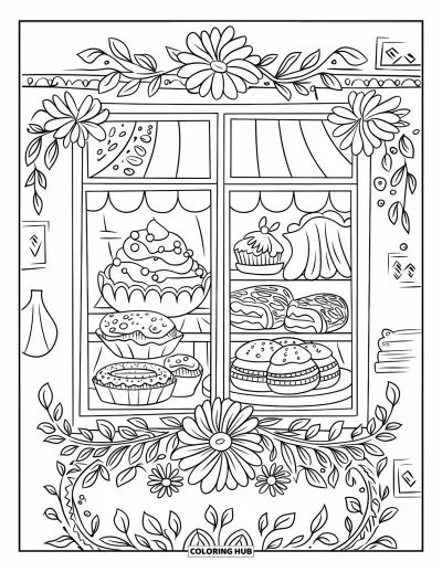 Desenho de doces e sobremesas para colorir para crianças: Uma vitrine de padaria exibe cupcakes, éclairs e macarons com moldura floral