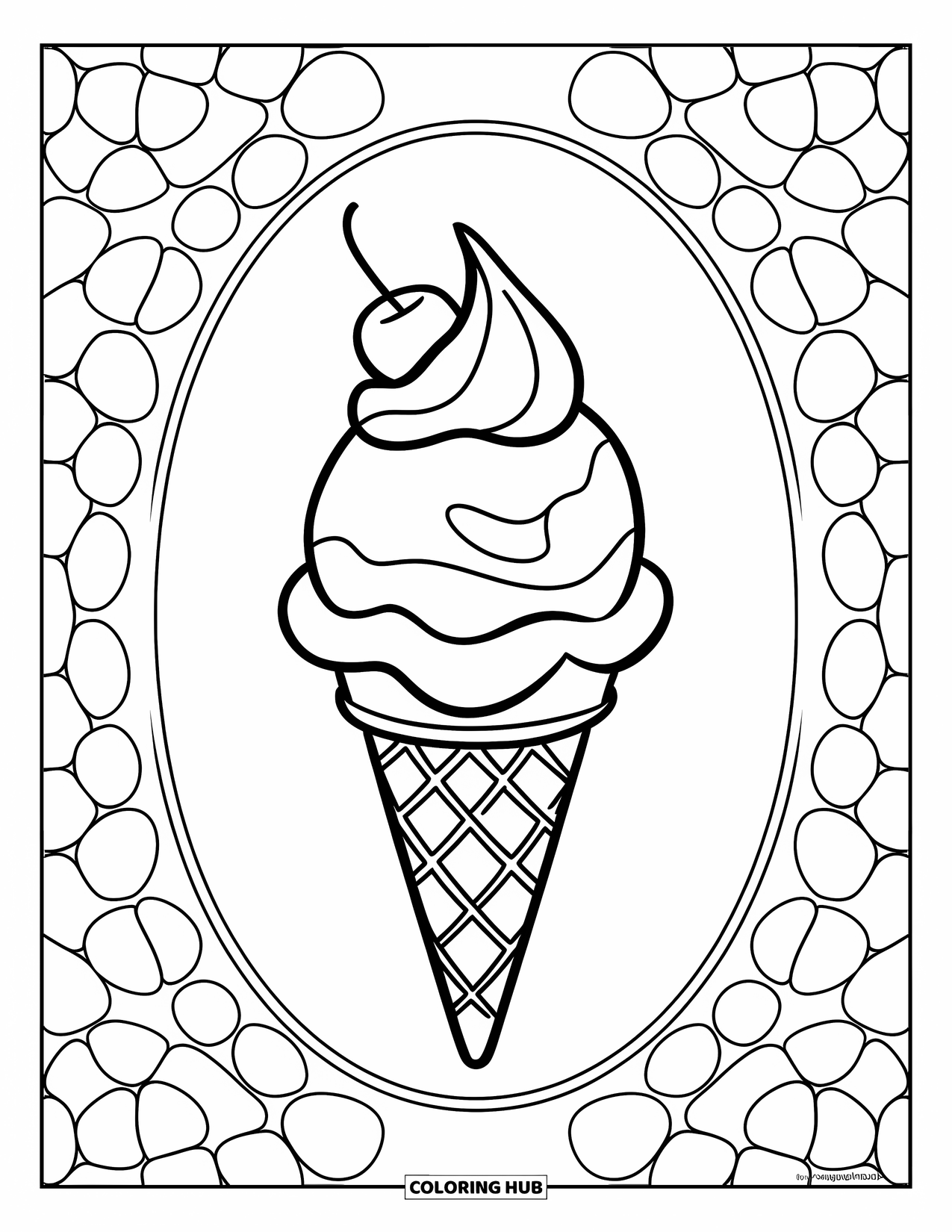Sweet Treats Coloring Page for Kids: A big ice cream swirl sits in a cone with a cherry on top