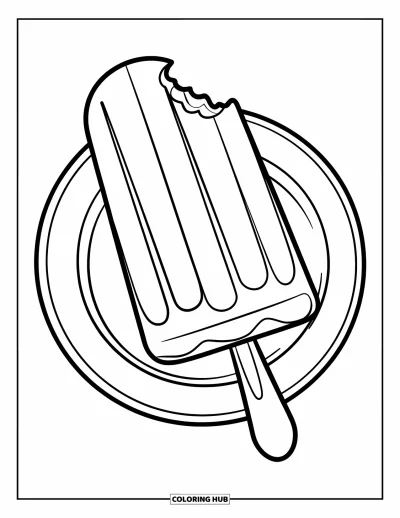 Desenho de doces e sobremesas para colorir para crianças: Um picolé com listras e uma mordida descansa em um prato branco