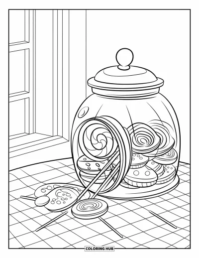 Desenho de doces e sobremesas para colorir para crianças: Um pote cheio de balas está sobre uma mesa com toalha xadrez e vista de janela