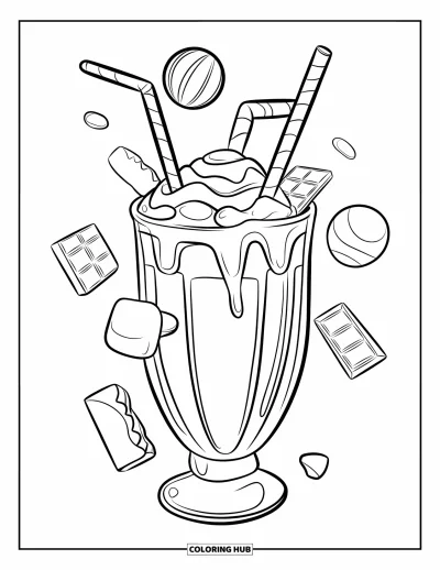 Desenho de doces e sobremesas para colorir para crianças: Um milk-shake de chocolate transborda com balas e dois canudos divertidos