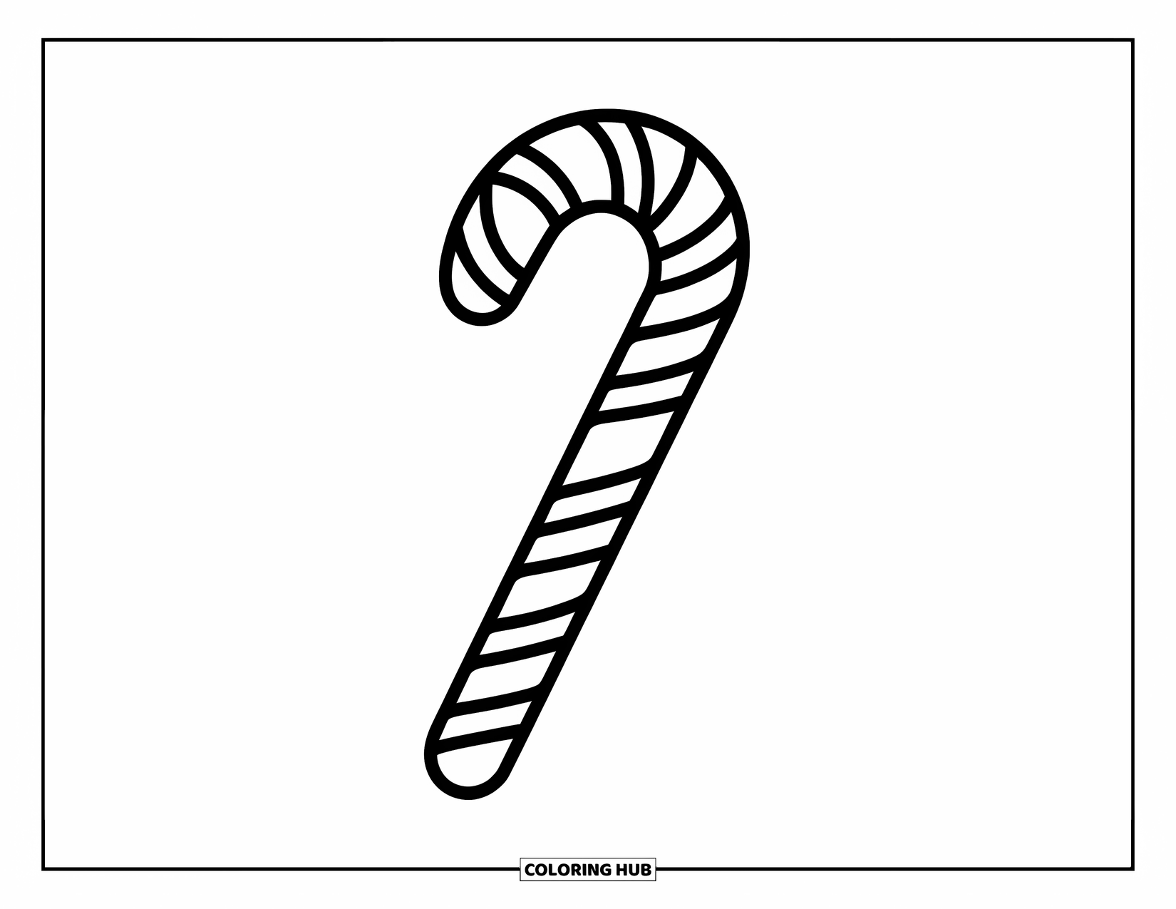 Sweet Treats Coloring Page for Kids: A classic candy cane with bold stripes rests on a plain white background