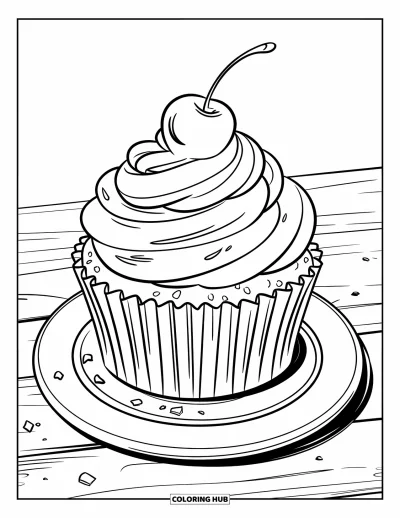 Desenho de doces e sobremesas para colorir para crianças: Um cupcake com migalhas ao redor está sobre uma superfície de madeira