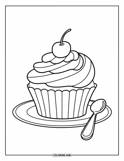 Desenho de doces e sobremesas para colorir para crianças: Um cupcake com cobertura espiral e cereja está em um prato branco