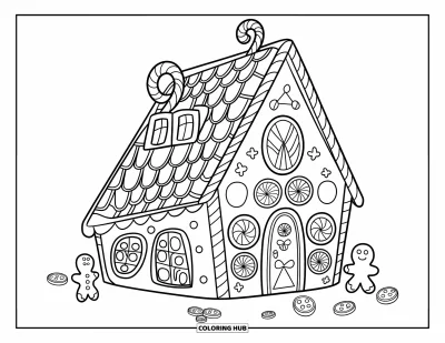 Desenho de doces e sobremesas para colorir para crianças: Uma casinha de gengibre tem bengalas de Natal no telhado e janelas de goma