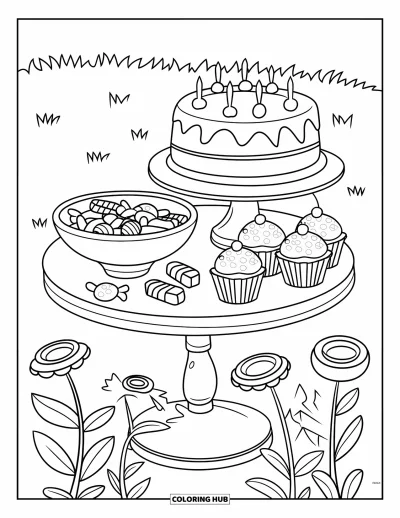 Desenho de doces e sobremesas para colorir para crianças: Um campo gramado tem uma mesa com cupcakes glacês e balas coloridas