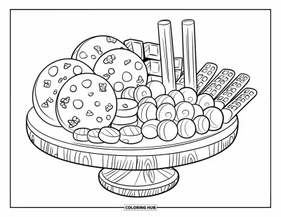 Desenho de doces e sobremesas para colorir para crianças: Uma tábua de sobremesas em formato de coração está repleta de biscoitos, balas e palitos de waffle