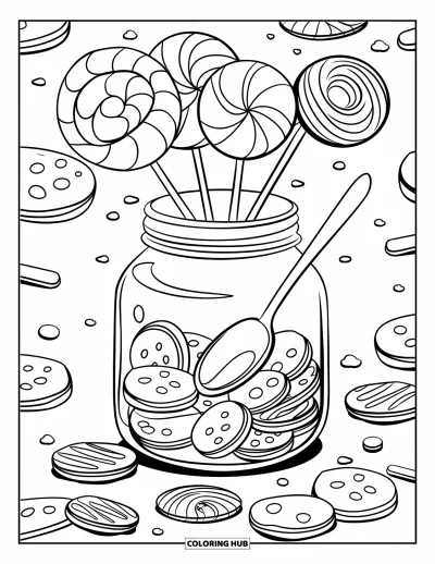 Desenho de doces e sobremesas para colorir para crianças: Um pote cheio de pirulitos e biscoitos derrama doces por toda parte