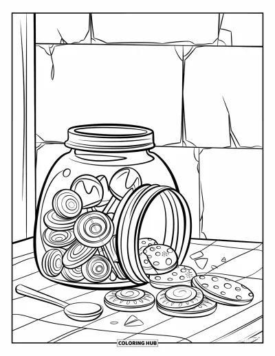 Desenho de doces e sobremesas para colorir para crianças: Um pote de guloseimas está ao lado de uma colher perto de uma parede rachada