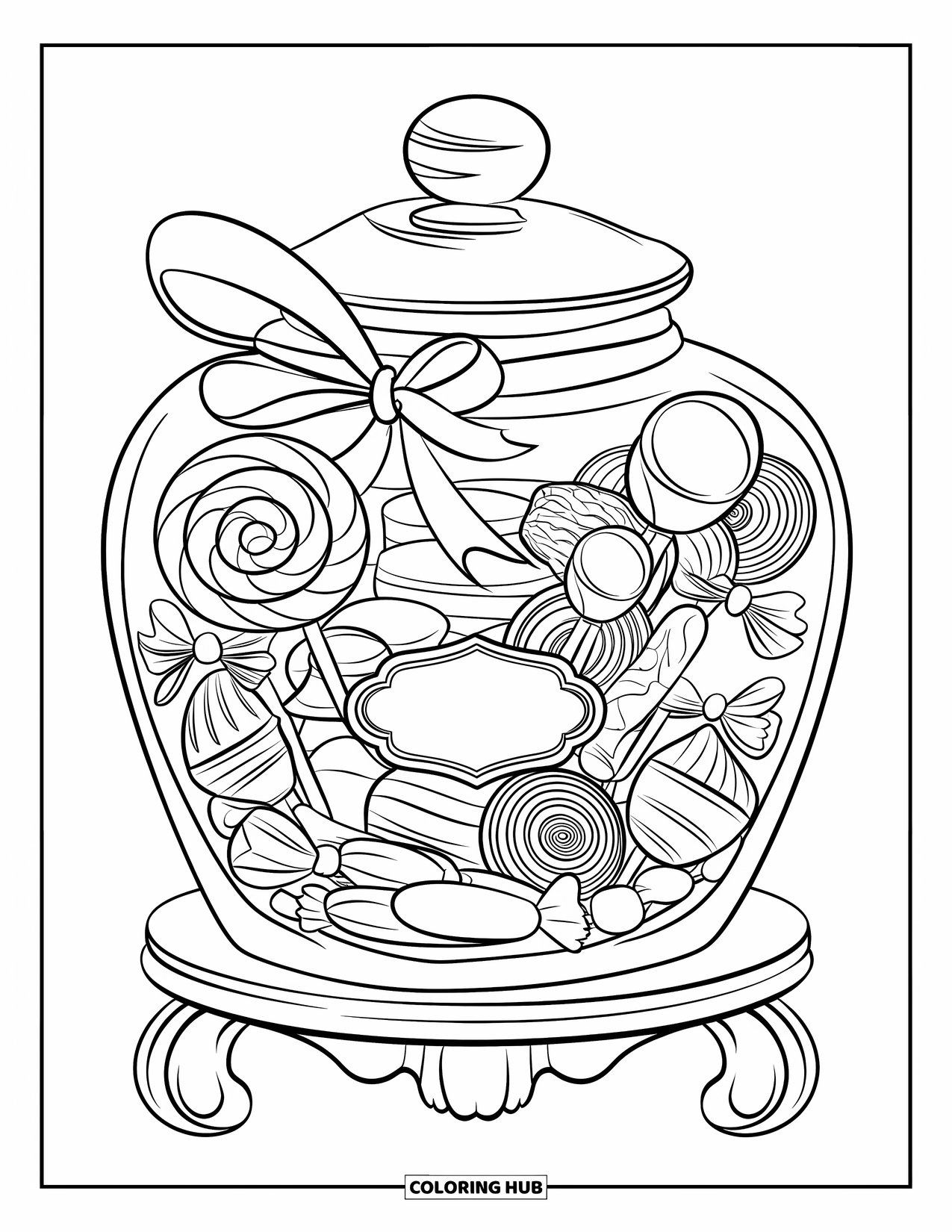 Sweet Treats Coloring Page for Kids: A jar of sweets sits on a wooden stand with a neat little label