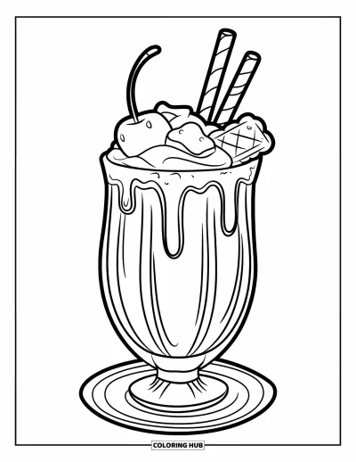 Desenho de doces e sobremesas para colorir para crianças: Um milk-shake com cereja flutua com marshmallows e um biscoito por cima