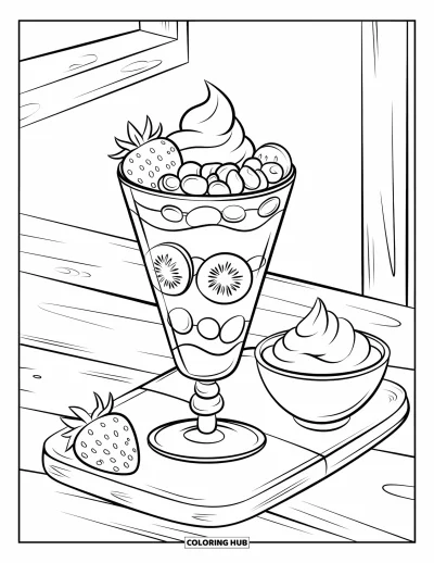 Desenho de doces e sobremesas para colorir para crianças: Um parfait de frutas vermelhas e kiwi está ao lado de uma tigela de chantilly