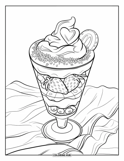 Desenho de doces e sobremesas para colorir para crianças: Um parfait com frutas e creme em formato de coração está sobre um pano de linho