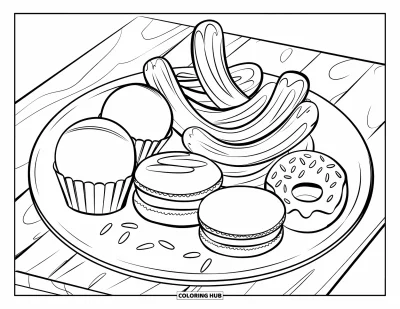 Desenho de doces e sobremesas para colorir para crianças: Um prato de mochi, churros, cupcakes e macarons está sobre uma superfície de madeira