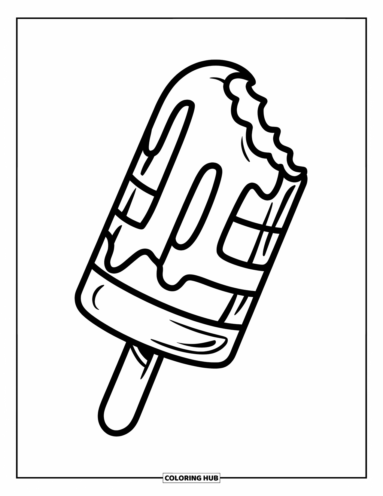 Sweet Treats Coloring Page for Kids: A simple popsicle with bold stripes is missing one big bite