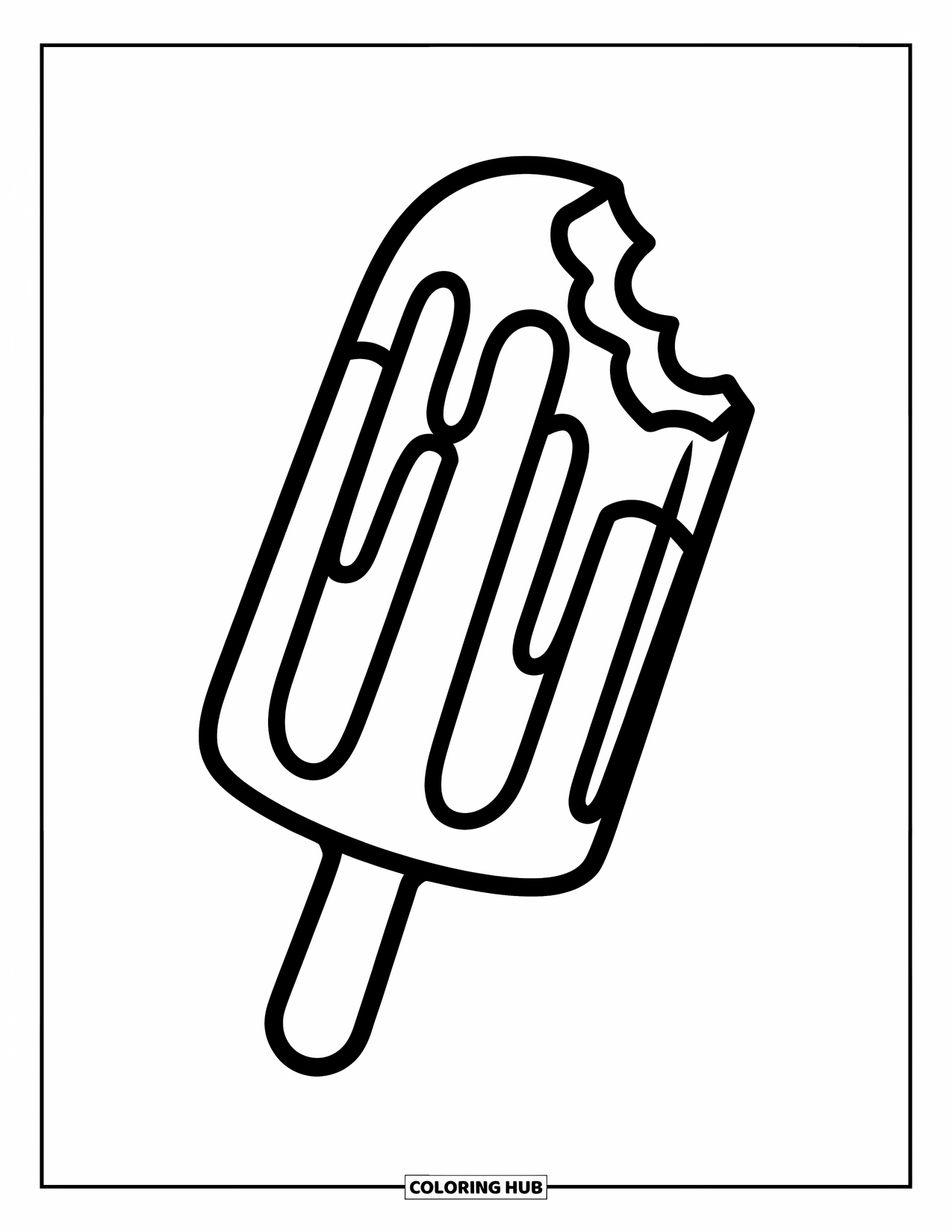 Sweet Treats Coloring Page for Kids: A striped popsicle with a bite taken out stands alone