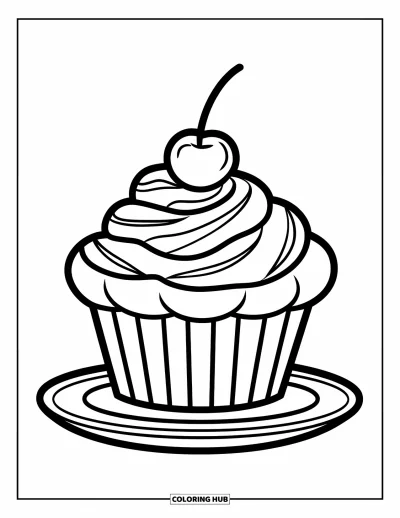 Desenho de doces e sobremesas para colorir para crianças: Um cupcake delicioso com cereja no topo está em um prato, pronto para ser apreciado