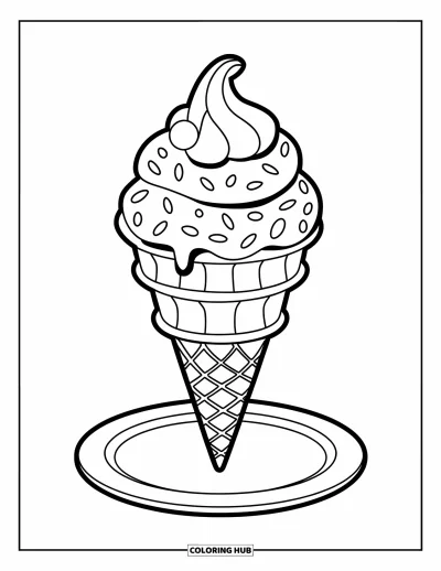 Desenho de doces e sobremesas para colorir para crianças: Uma casquinha de sorvete com cobertura espiral está sozinha em um pratinho branco