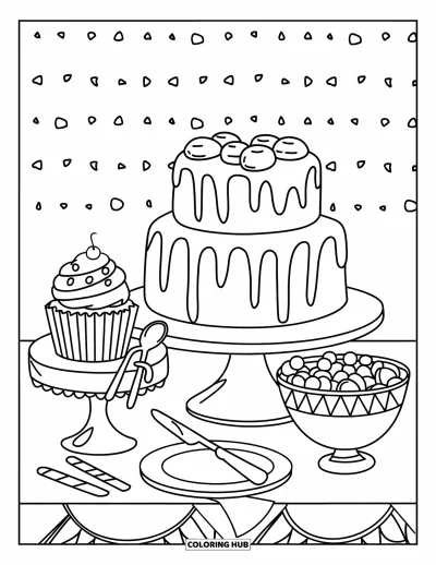 Desenho de doces e sobremesas para colorir para crianças: Uma mesa tem bolo, cupcakes e uma tigela de balas coloridas