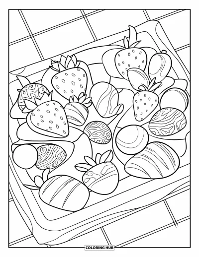 Desenho de doces e sobremesas para colorir para crianças: Uma bandeja tem frutas mergulhadas em chocolate e polvilhadas com trufas