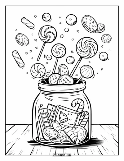Desenho de doces e sobremesas para colorir para crianças: Um pote de guloseimas transborda de pirulitos, biscoitos e uma bengala de Natal